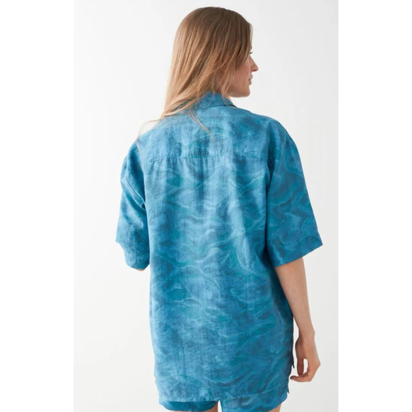 & Other Stories Women Shirt Short Sleeve Boxy Button Up Wavy Printed Blue - Picture 2 of 9